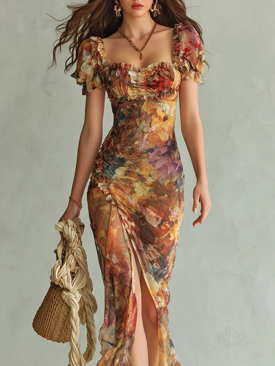 Viola | Robe longue en chiffon orange avec imprimé de peinture à l'huile de style bohème