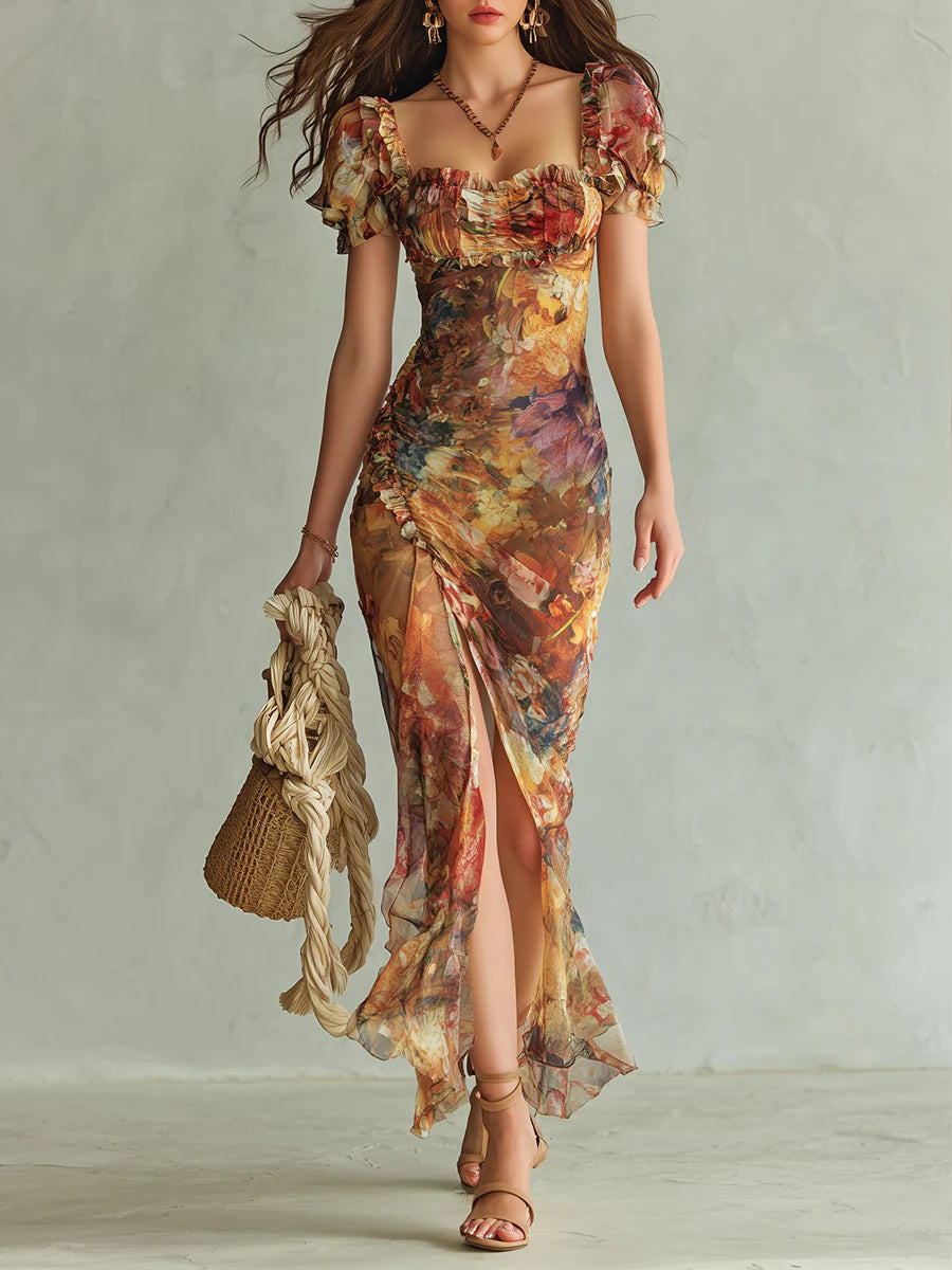 Viola | Robe longue en chiffon orange avec imprimé de peinture à l'huile de style bohème