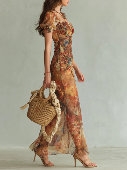 Viola | Robe longue en chiffon orange avec imprimé de peinture à l'huile de style bohème