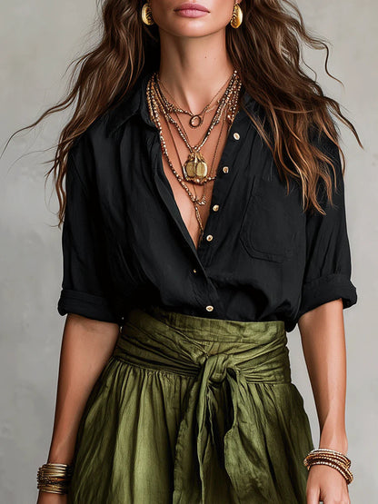 Vera™ | Ensemble de deux pièces : t-shirt noir et jupe midi olive