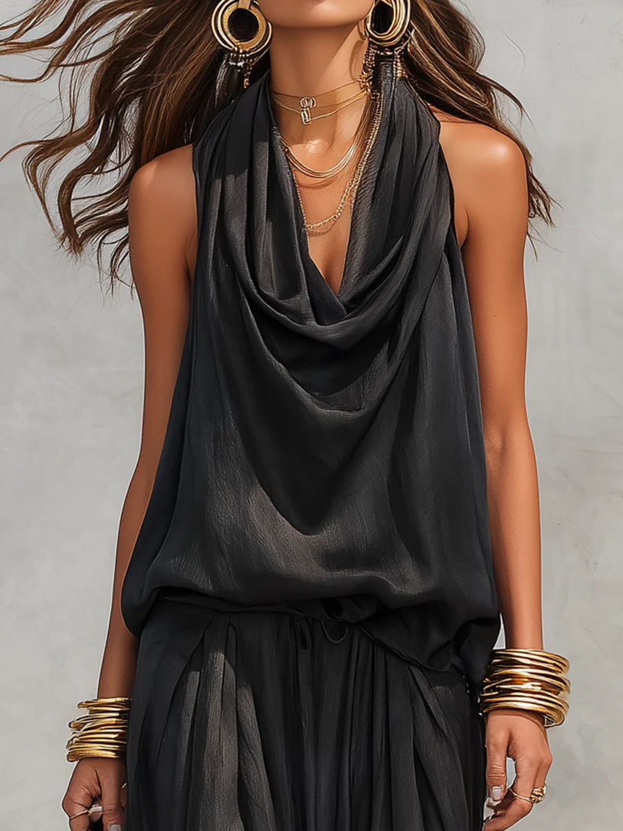 Ensemble Top à Col Halter et Pantalons Plissés