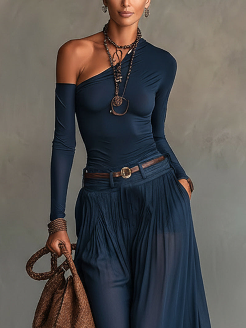 Lore | Ensemble Top Asymétrique Et Jupe Marine