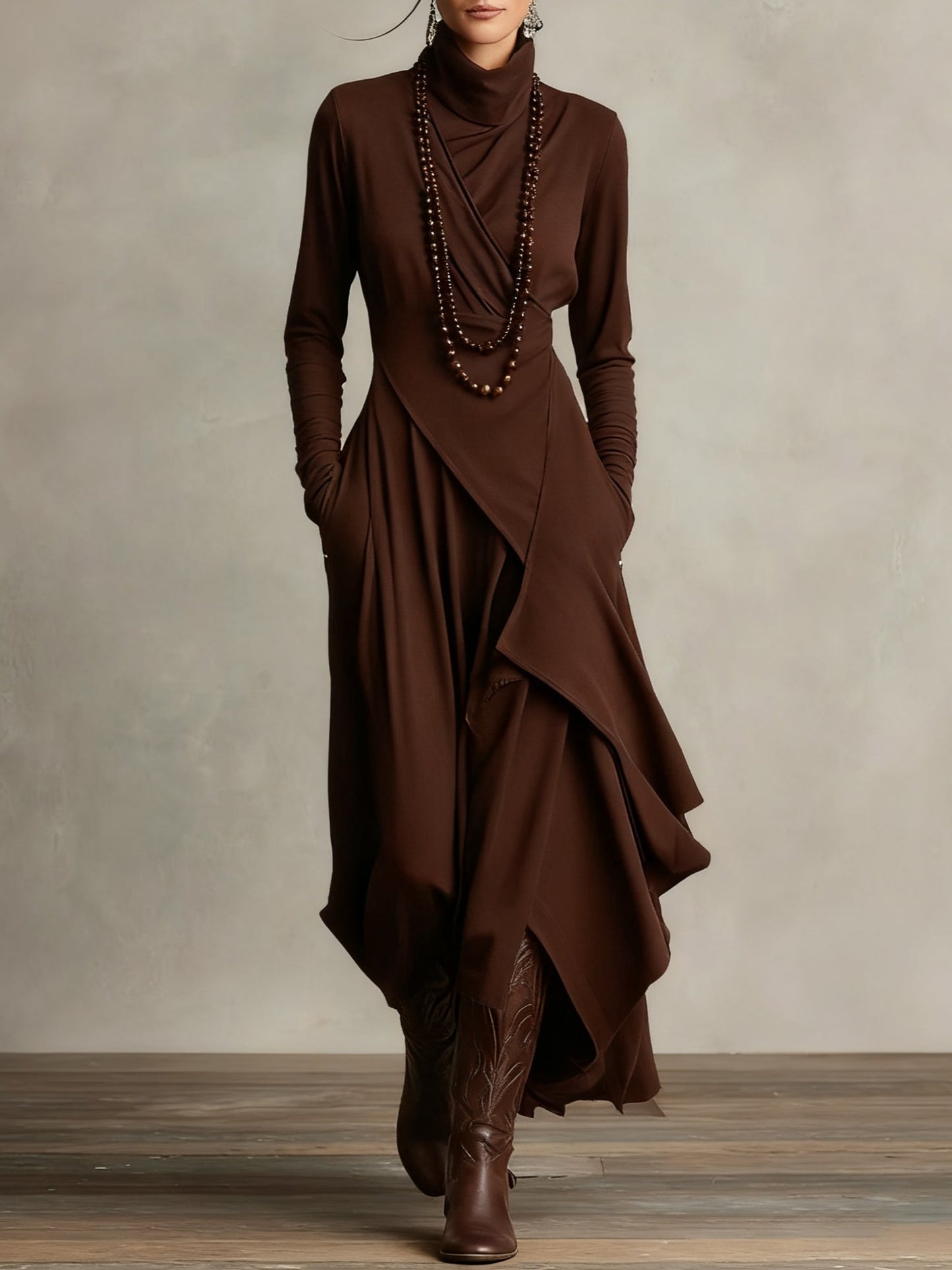 Elegant Draped Turtleneck Maxi Dress