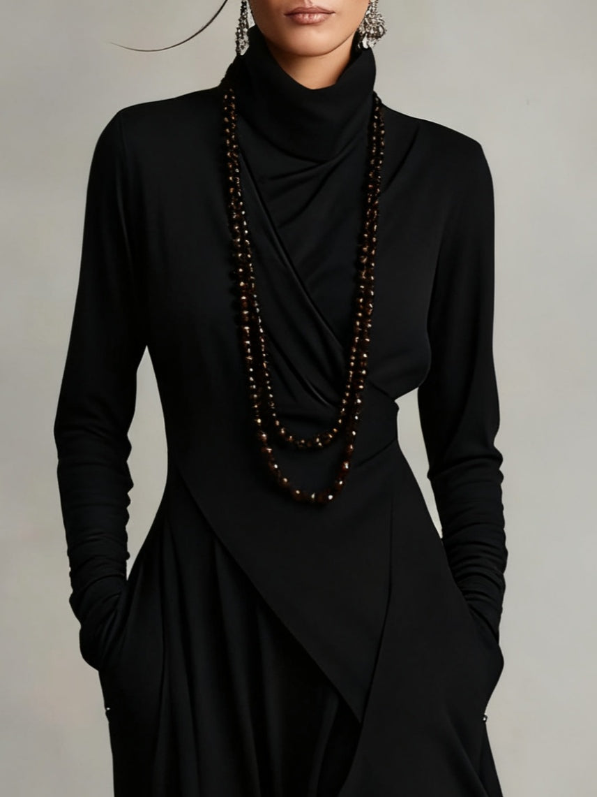 Elegant Draped Turtleneck Maxi Dress
