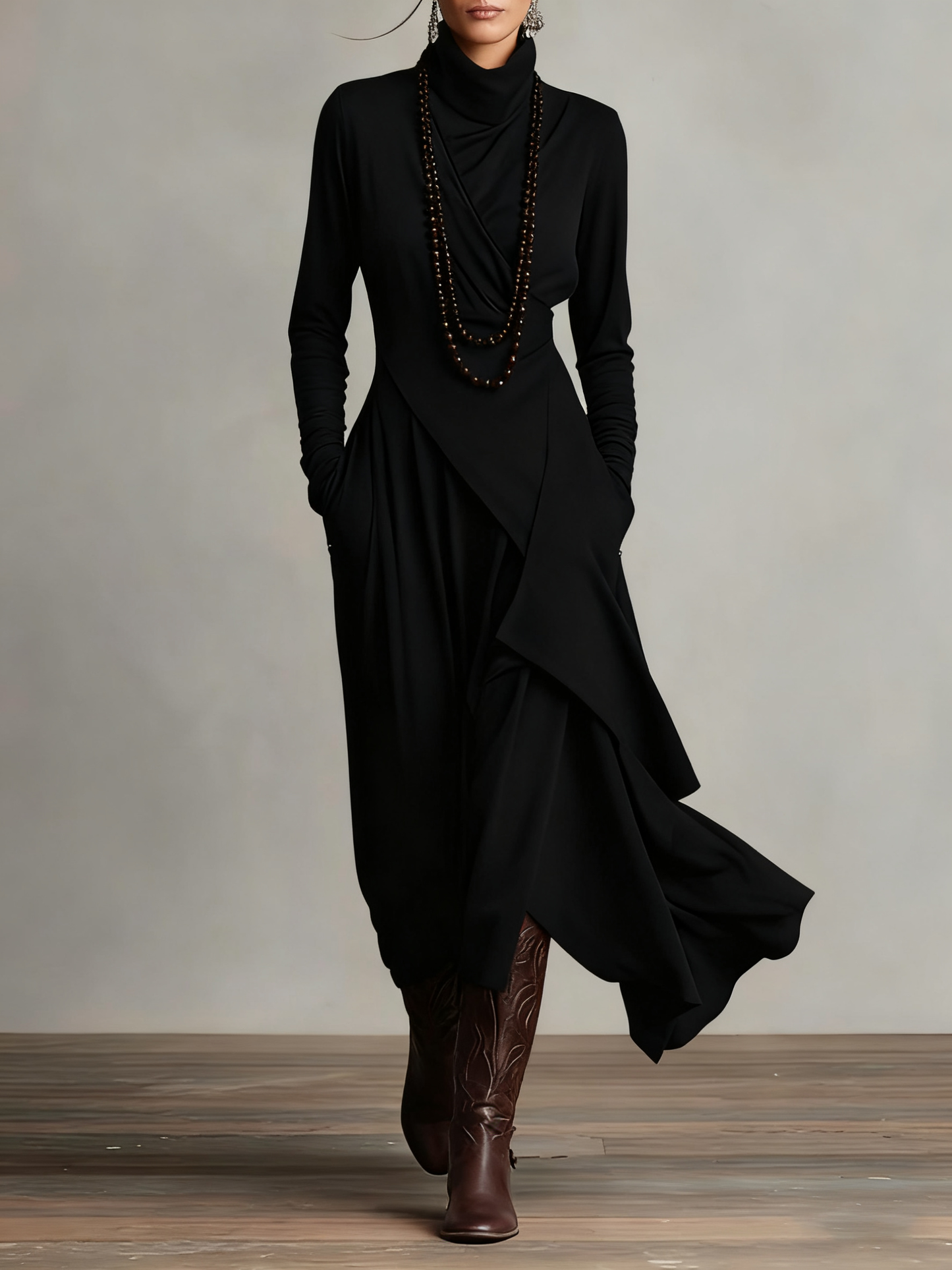 Elegant Draped Turtleneck Maxi Dress