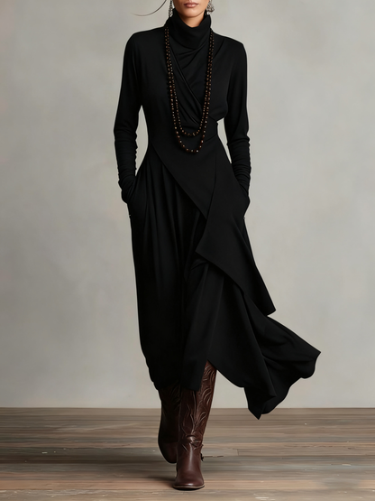 Elegant Draped Turtleneck Maxi Dress