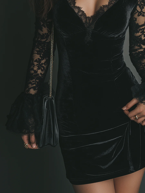 Noemi™ | Aksamitna sukienka mini z koronkowymi rękawami