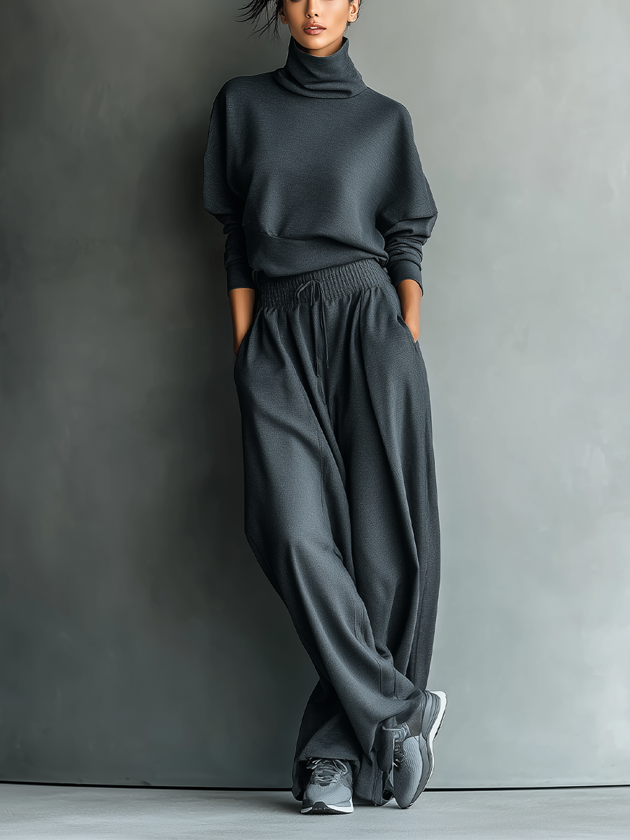 Ensemble Tricot Charbon pour Femmes avec Col Montant et Pantalons Amples