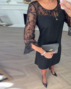 Irena | Elegancka Czarna Sukienka z Koronkowymi Rękawami