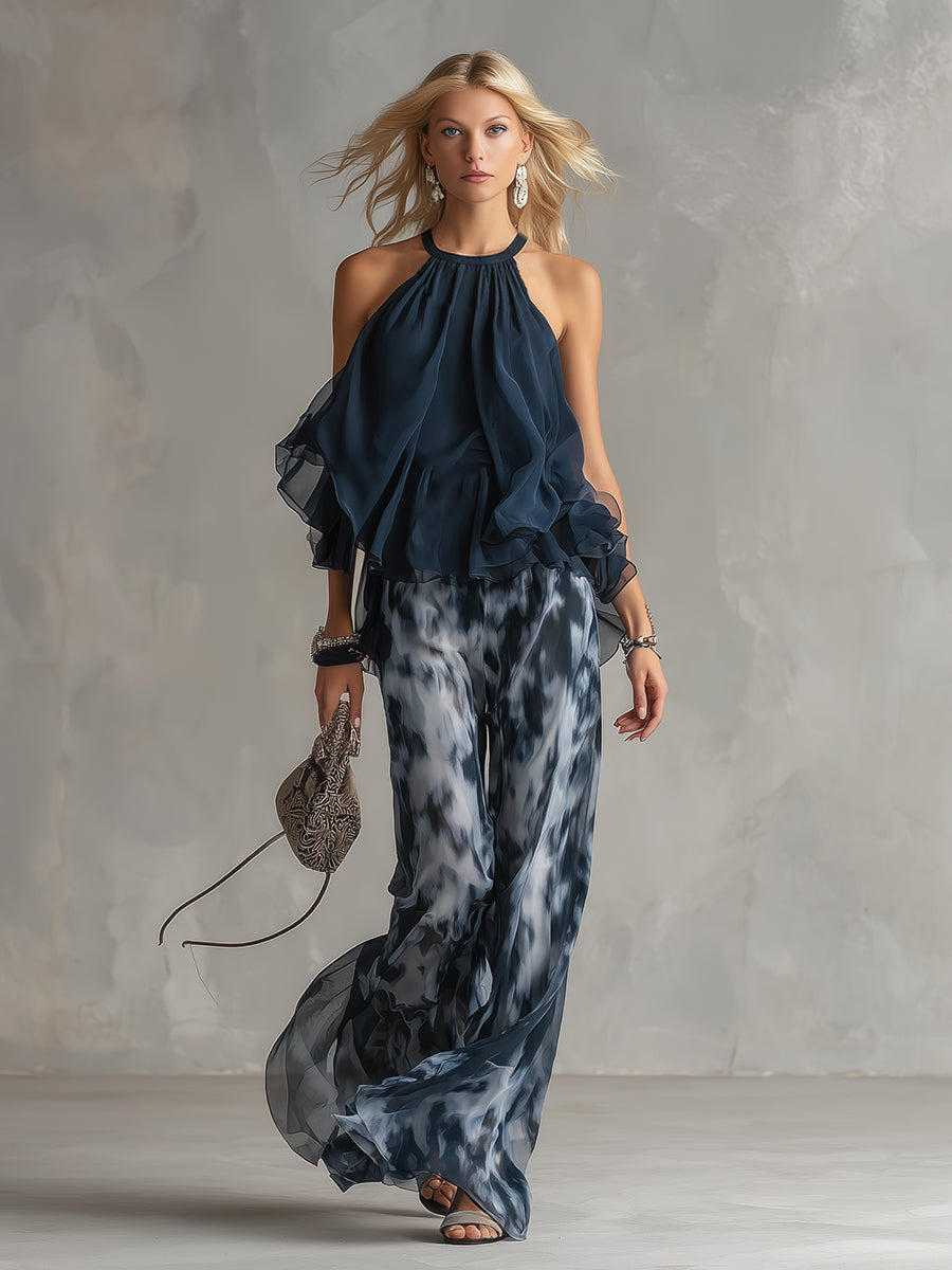 Ludovica | Ensemble élégant top halter bleu marine et pantalon large imprimé