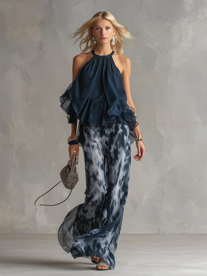 Ludovica | Ensemble élégant top halter bleu marine et pantalon large imprimé