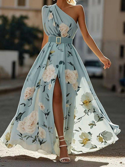 Julie | Robe Maxi Chiffon Fleurie à Une Épaule Vert Clair