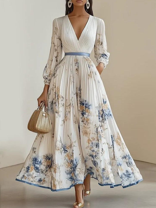 Amalia | Robe Maxi Chiffon à Fleurs Blanches avec Manches Bouffantes
