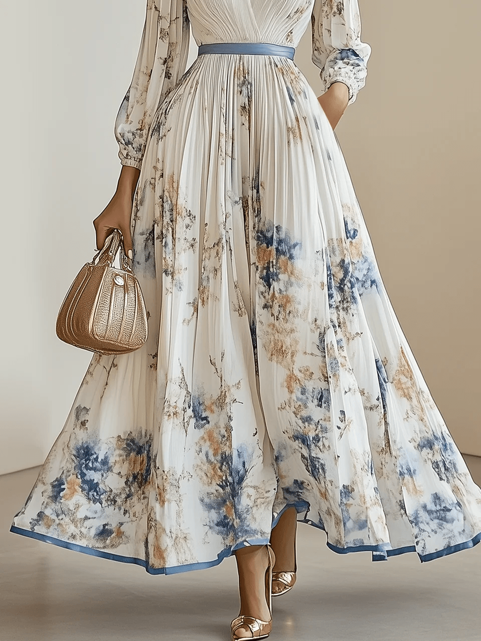 Amalia | Robe Maxi Chiffon à Fleurs Blanches avec Manches Bouffantes