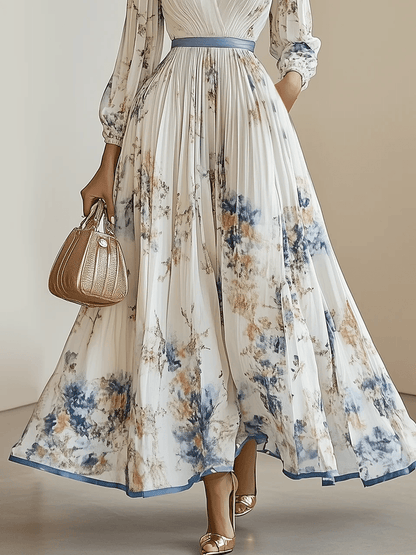 Amalia | Robe Maxi Chiffon à Fleurs Blanches avec Manches Bouffantes