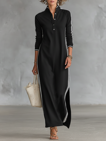 Robe Sweatshirt Maxi pour Femmes avec Col Boutonné et Détails Blancs