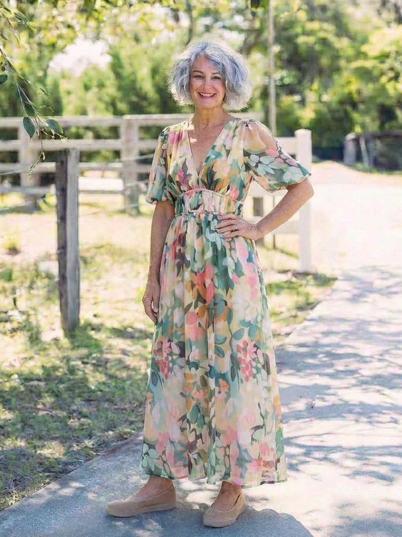 Eulalie | Robe midi à manches courtes et taille froncée en V