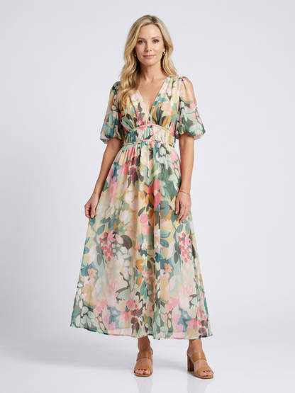 Eulalie | Robe midi à manches courtes et taille froncée en V