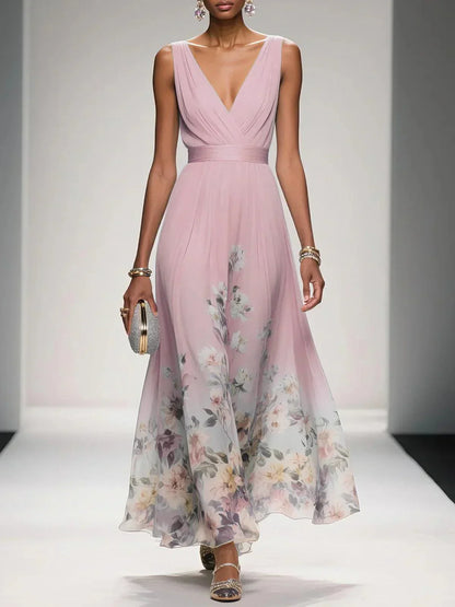 Robe Maxi V-Neck en Chiffon Floral Bleu Clair