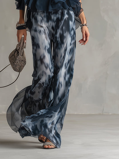 Ludovica | Ensemble élégant top halter bleu marine et pantalon large imprimé