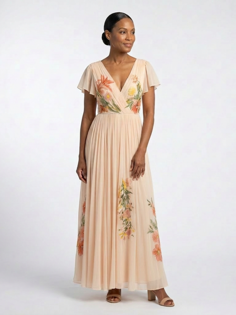 Calista | Robe Maxi Fleurie à Manches Courtes en V