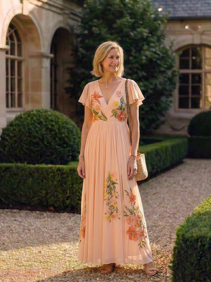 Calista | Robe Maxi Fleurie à Manches Courtes en V