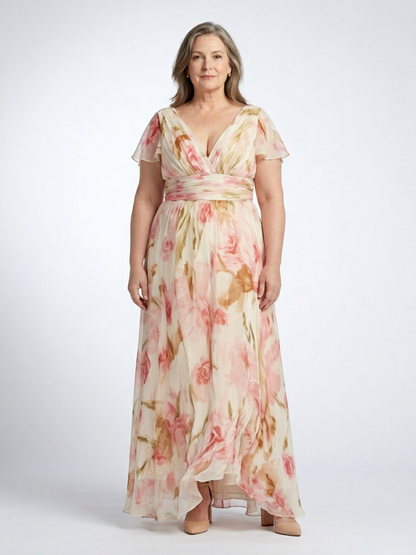Elara | Robe maxi florale à manches courtes en V