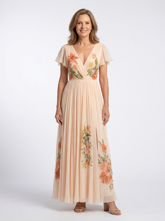 Calista | Robe Maxi Fleurie à Manches Courtes en V