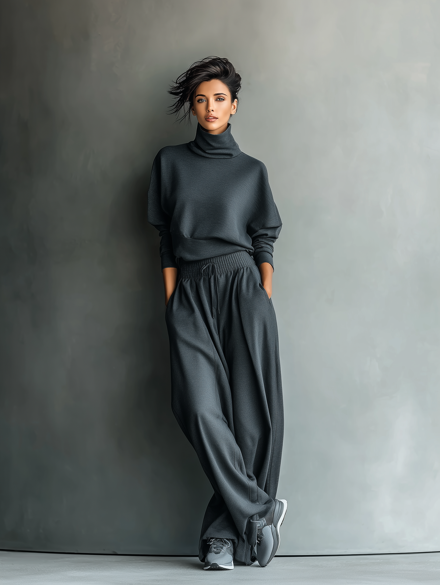 Ensemble Tricot Charbon pour Femmes avec Col Montant et Pantalons Amples
