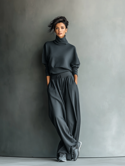 Ensemble Tricot Charbon pour Femmes avec Col Montant et Pantalons Amples