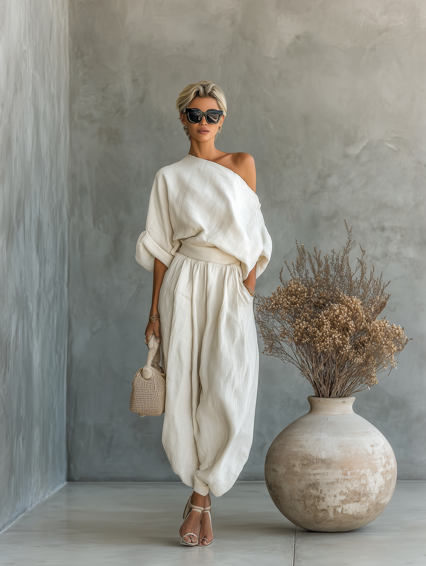 Ensemble Femme Blanc Cassé avec Top Off-Shoulder et Pantalons Tapered
