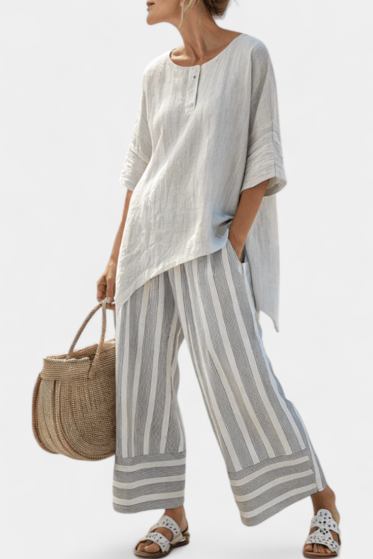 Talvora | Blouse Asymétrique Élégante & Pantalons Rayés