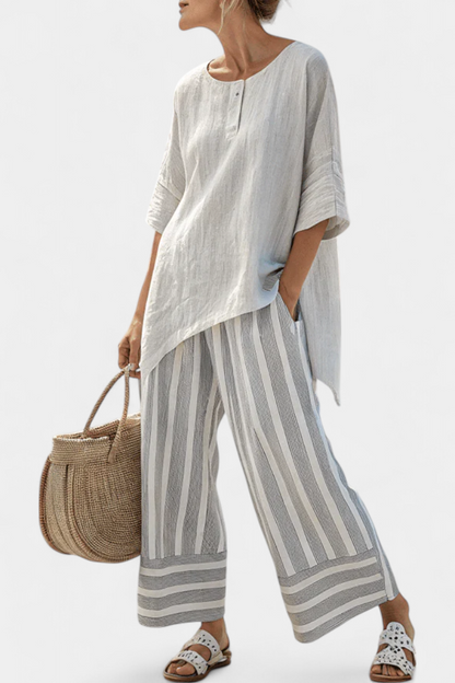 Talvora | Blouse Asymétrique Élégante & Pantalons Rayés