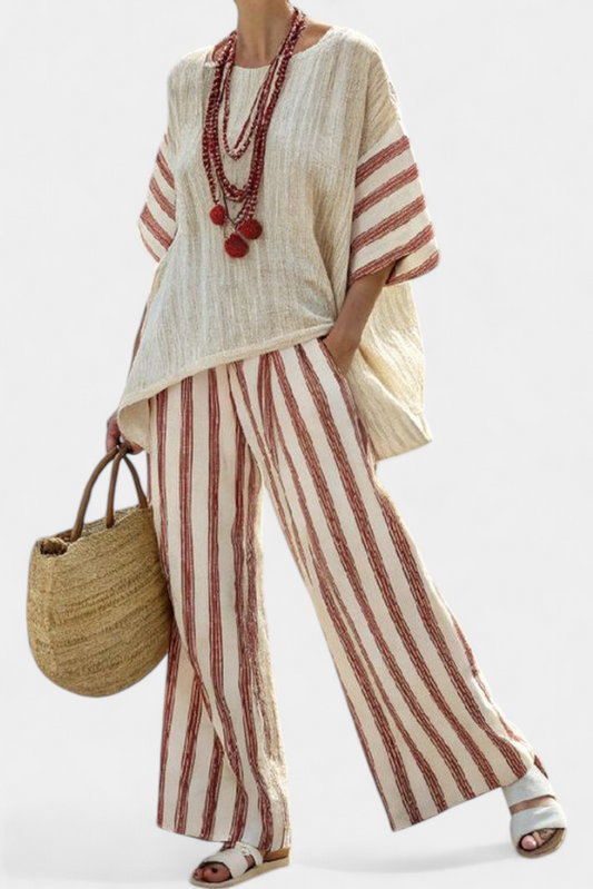 Braelith | Haut Rayé Rustique Élégant & Pantalons en Lin Crème