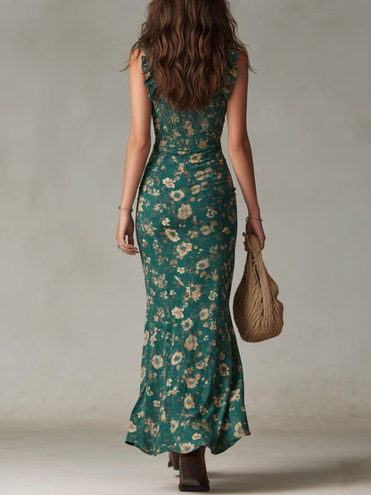 Zara | Robe Maxi Florale Bohème Froncée avec Fente Latérale