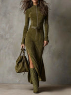 Adrianna | Brązowa zamszowa sukienka maxi z paskiem i zamkiem