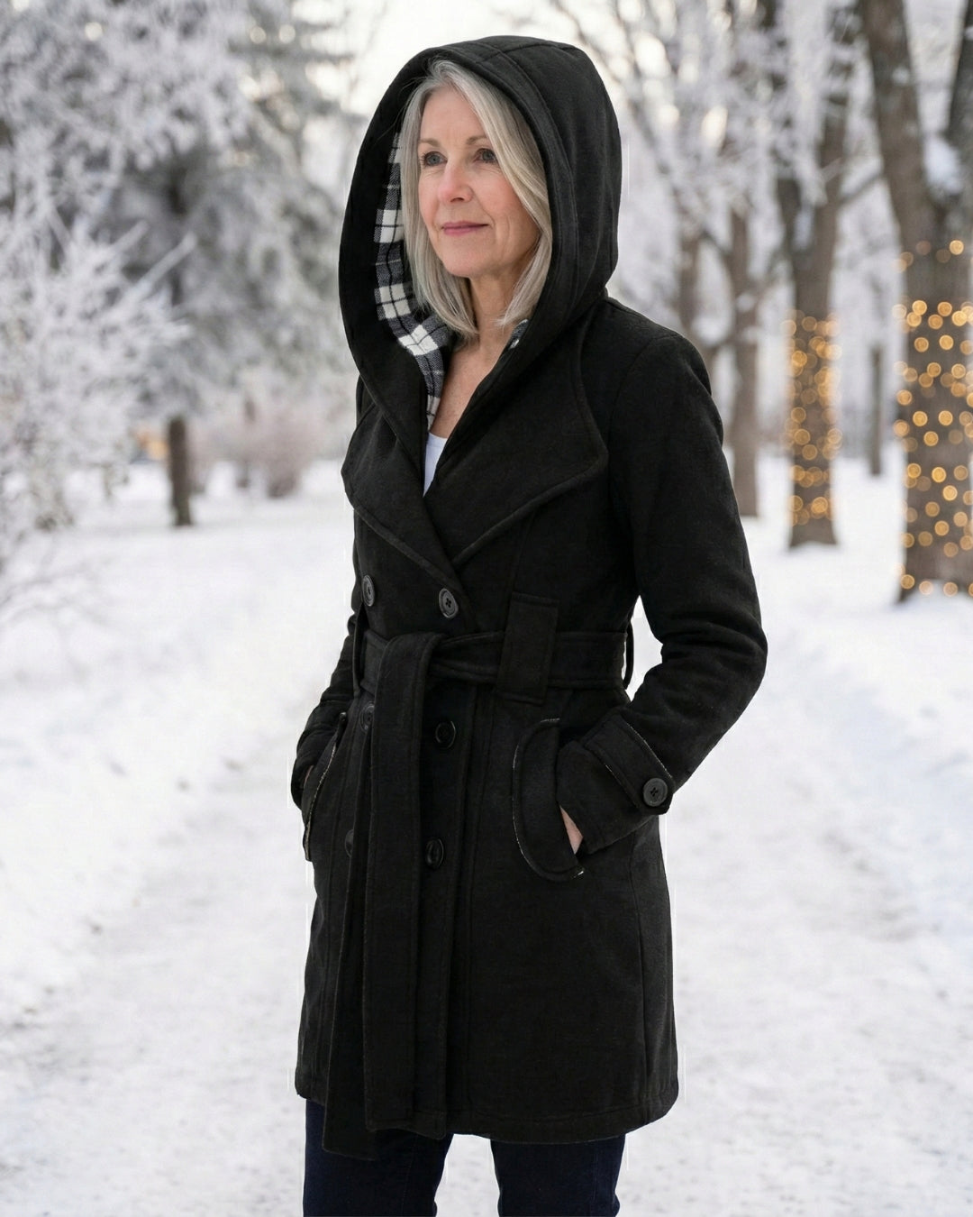 Olga | Wełniany płaszcz z kratkowanym kołnierzem