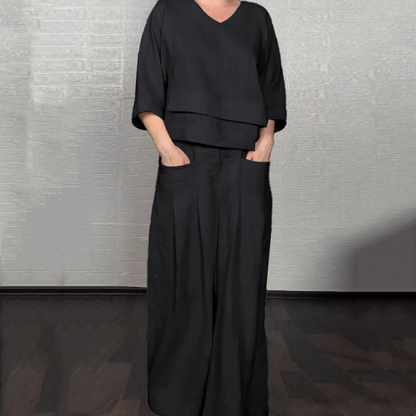 Liza - Ensemble en coton et toile 2 pièces - Haut à col en V et pantalon à jambes larges