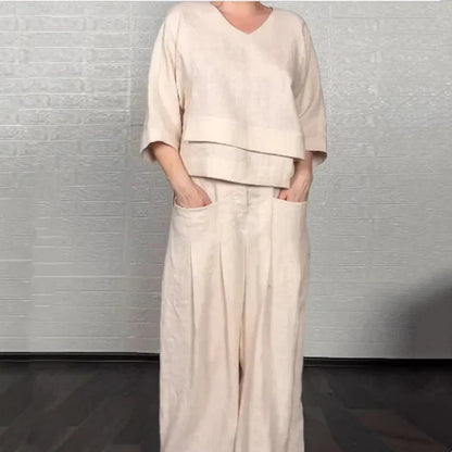 Liza - Ensemble en coton et toile 2 pièces - Haut à col en V et pantalon à jambes larges